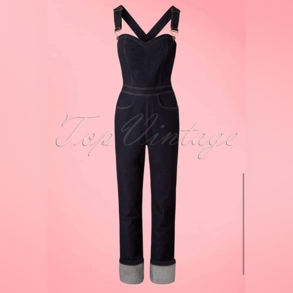 Collectif Dark Blue Denim Fitted Jeans Overalls - Picture 9 of 9
